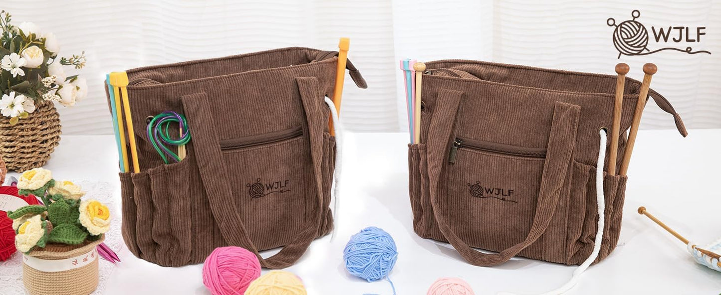 Corduroy Crochet Tote & Yarn Organizer, 4 Grommets, 8 Hook Slots, 4 Inner & 4 Outer Pockets, Zipper Top, 10.5" x 6.5" x 9.5", 1.32 gal/5 L, Vintage Metal Accents