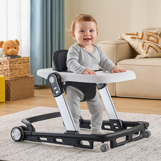 3-in-1 Foldable Baby Walker with Wheels and Removable Tray, Adjustable Height Sit-to-Stand Infant Walker for Boys and Girls 6–18 Months, Black