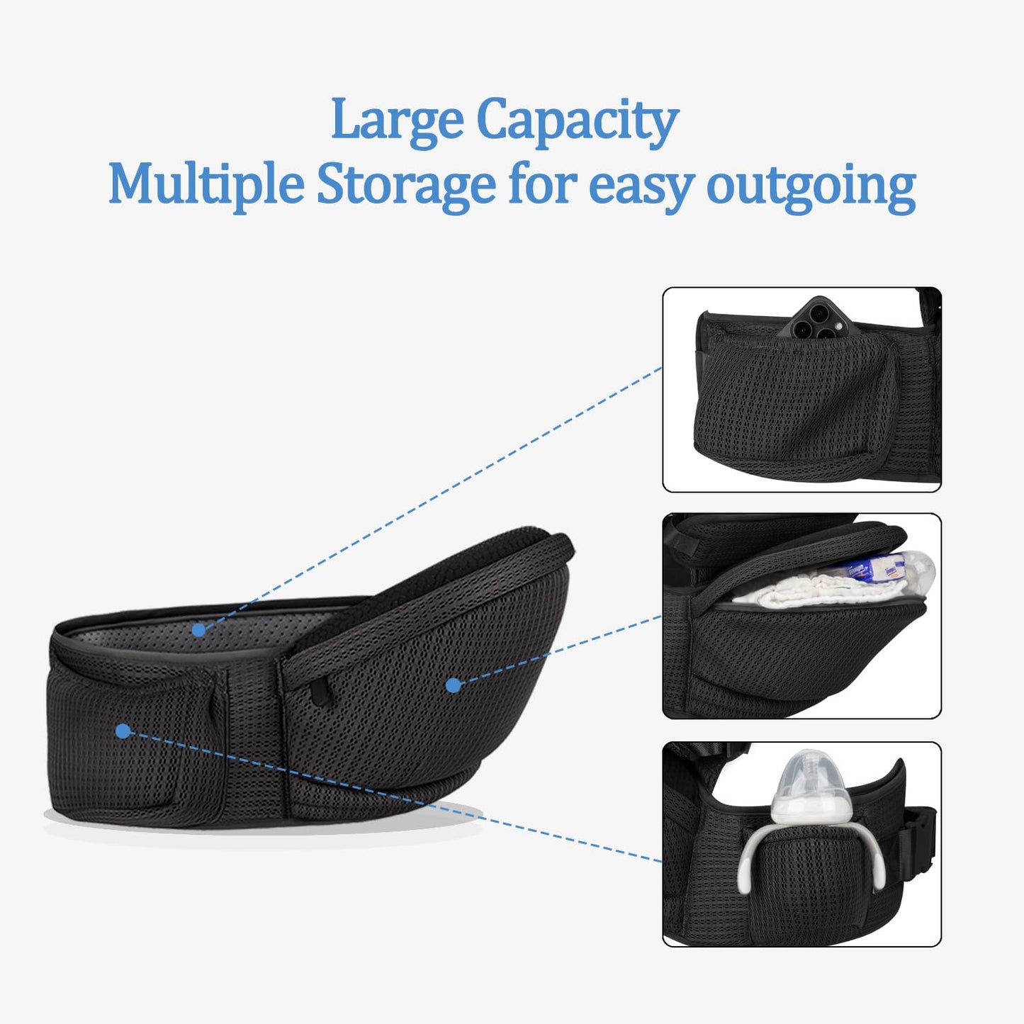 Baby Hip Carrier with Safety Strap, Ergonomic Hip Seat Toddler Carrier for 7-45 lbs (3.2-20.4 kg), Adjustable Waistband, Large Pockets, Black