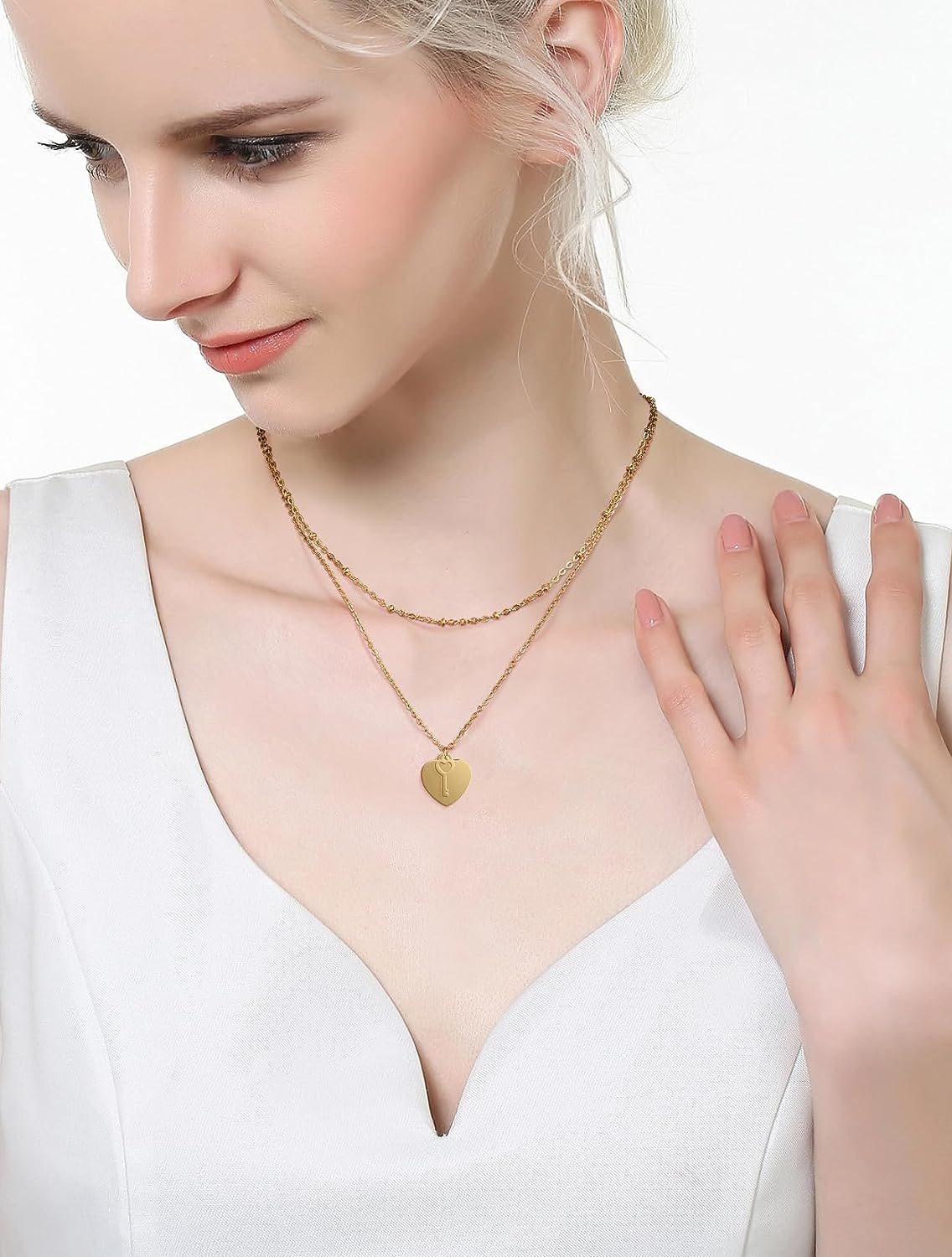 20"+2" 18K Gold Plated Heart Key Pendant Necklace w/ 18"+2" Choker