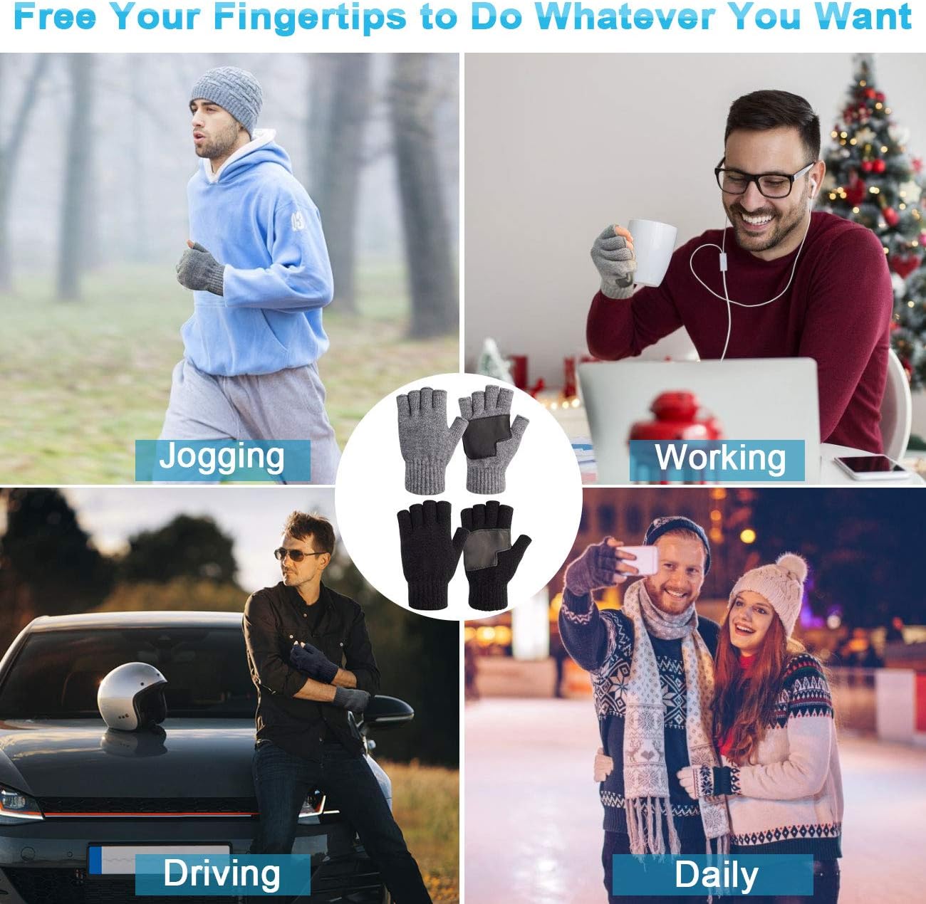 Warm Knit Fingerless Gloves for Men with Leather Grip - 2 Sets 1 Black & 1 Grey