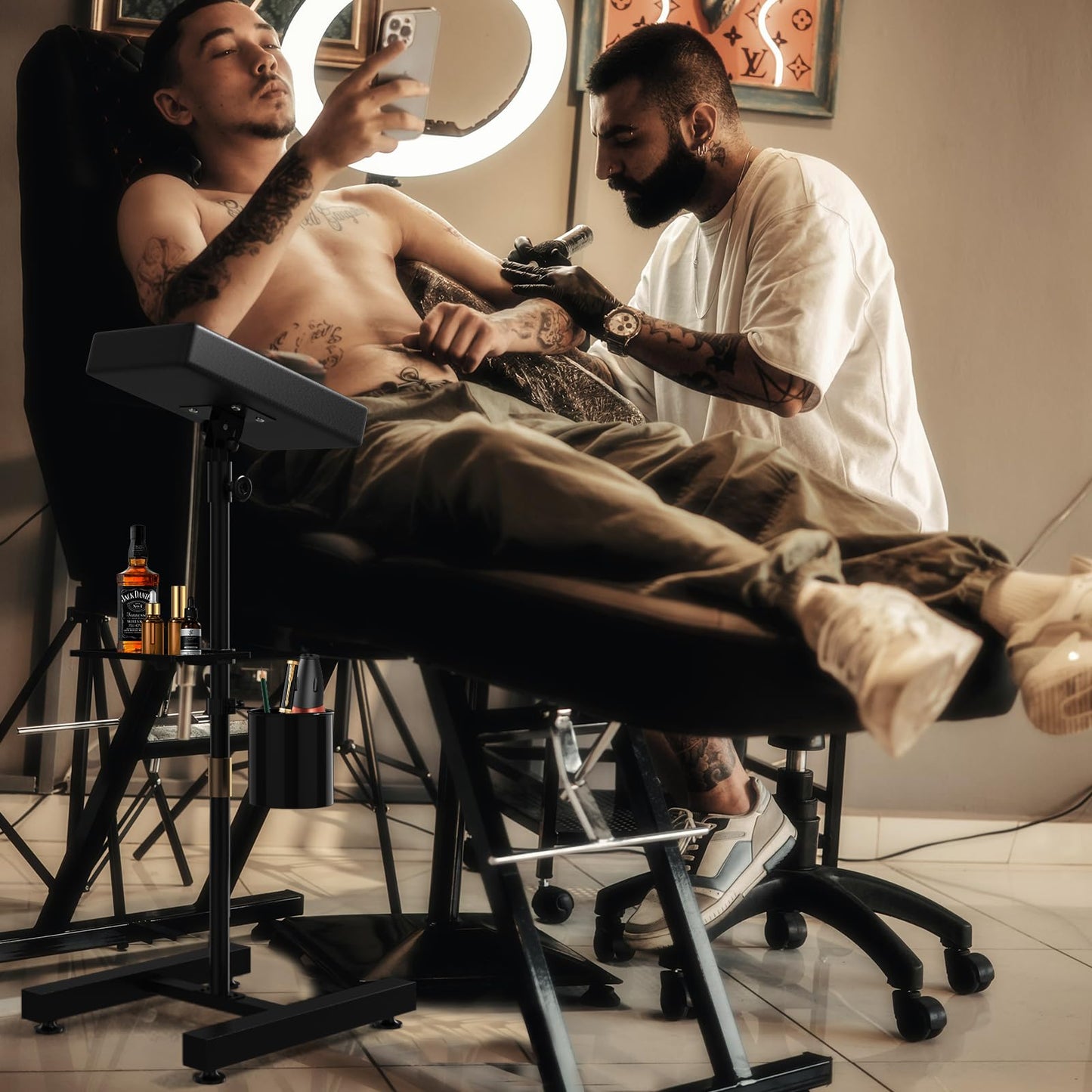 Professional Adjustable Tattoo Armrest Stand with Storage Tray and Tool Bucket - Heavy Duty H-Base for Studio Use