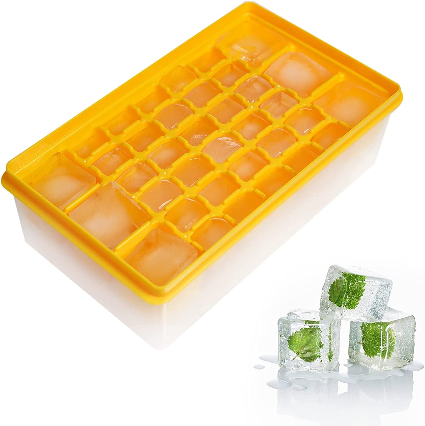 Yellow 36 Slot (6 Large, 30 Small) Ice Cube Tray w/ Lid, Bin, Scoop, & Cover