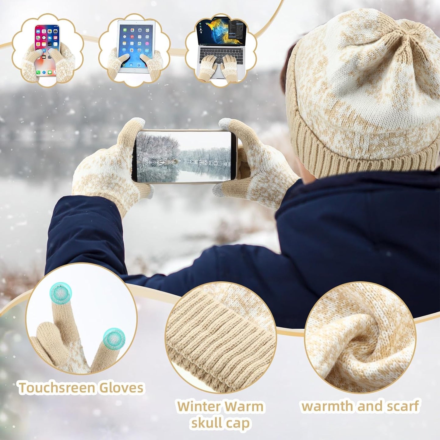 Warm Winter Accessories Set: Fleece-Lined Hats, Touchscreen Gloves & Scarves for All