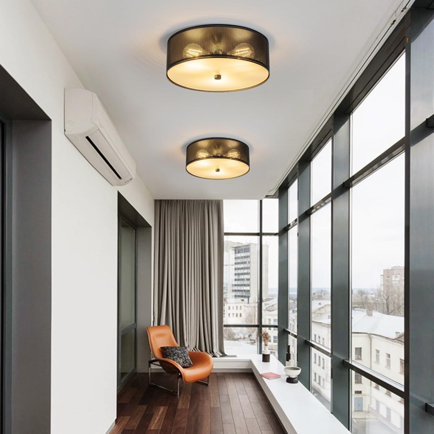 3-Light Industrial Flush Mount Ceiling Light, 12 in Metal Mesh Cage Drum Ceiling Lamp, Black E26 Dimmable Fixture for Kitchen Hallway Bedroom