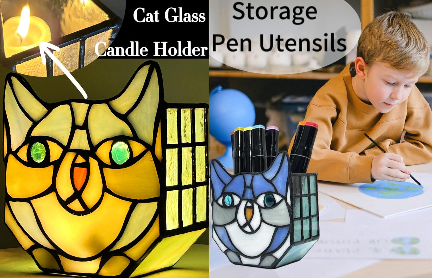 Unique Handmade Cat Plant Display Glass Container for Small Plants, Decorative Indoor Pot with Self-Drainage System, Perfect Gift for Cat Lovers