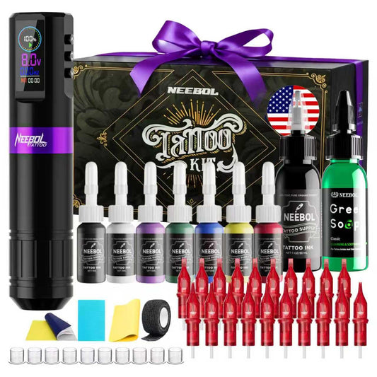 Tattoo Kit for Beginners Complete Set F7, Wireless Tattoo Pen with LED Display, 20 Cartridge Needles, 8 Inks, Practice Skins