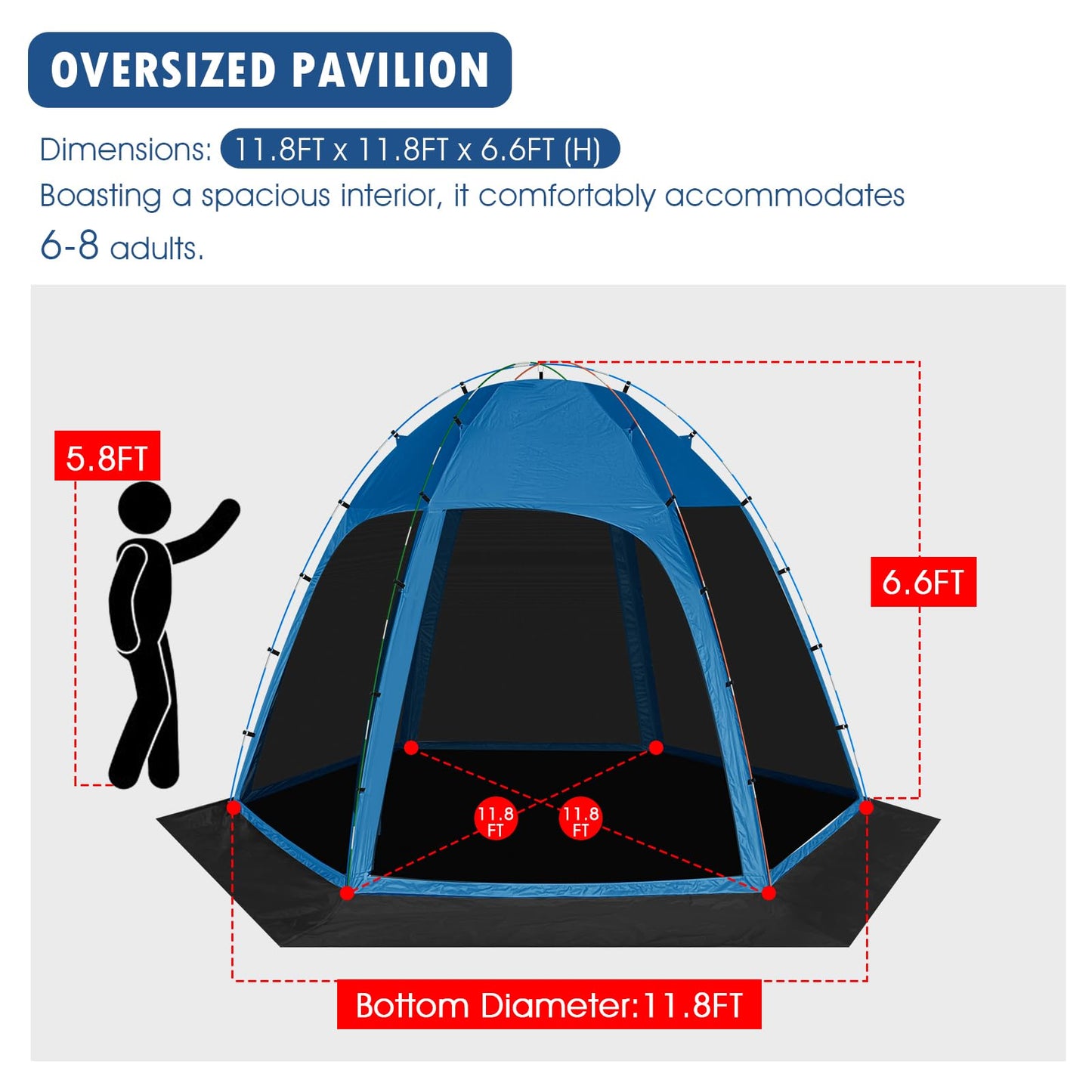 Six-Sided Screen Tent with Removable Floor, 11.8ft x 11.8ft Outdoor Gazebo Canopy with Mosquito Netting, Blue