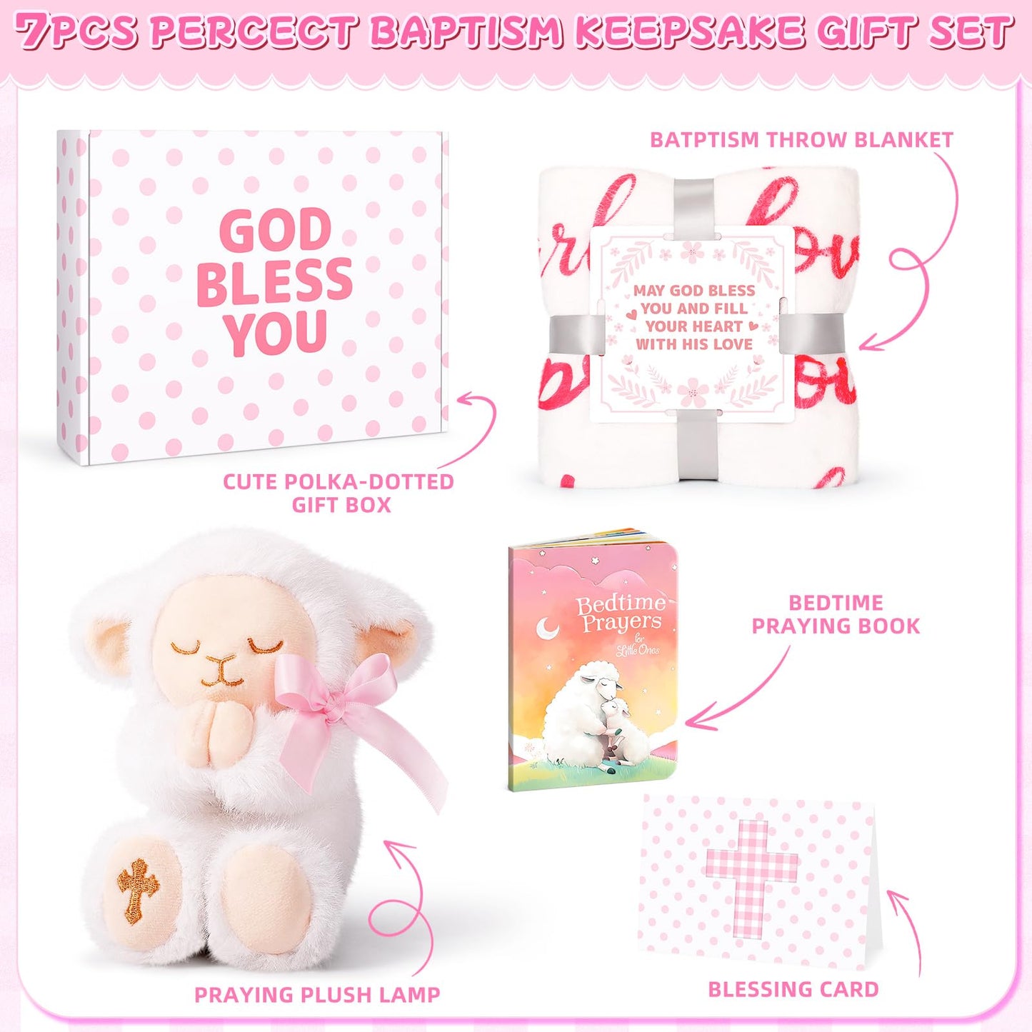 Pink Baptism Gift Set for Baby Girls with Praying Lamb Plush, Prayer Book, and Stroller Blanket