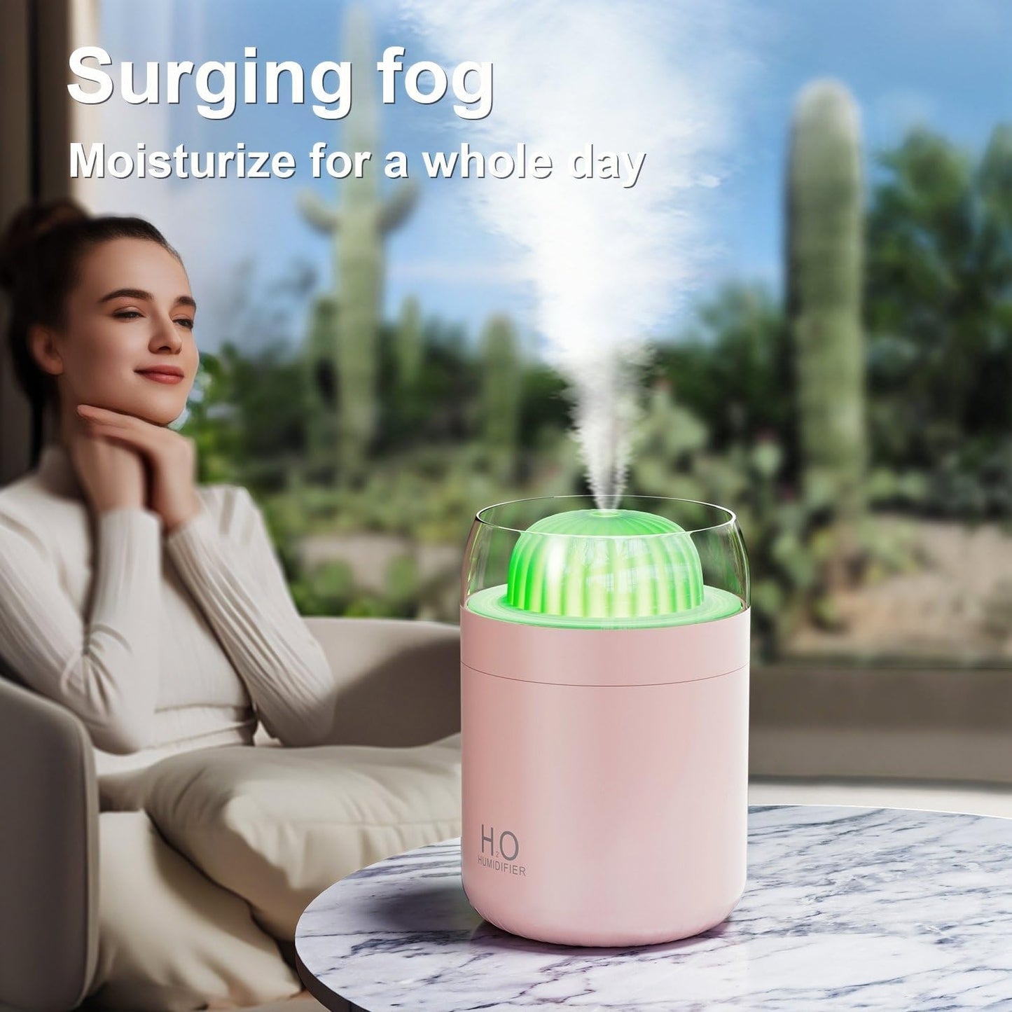 Cactus Mini Humidifier - 500ml Cool Mist Desk Humidifier with Night Light & Auto Shut-Off
