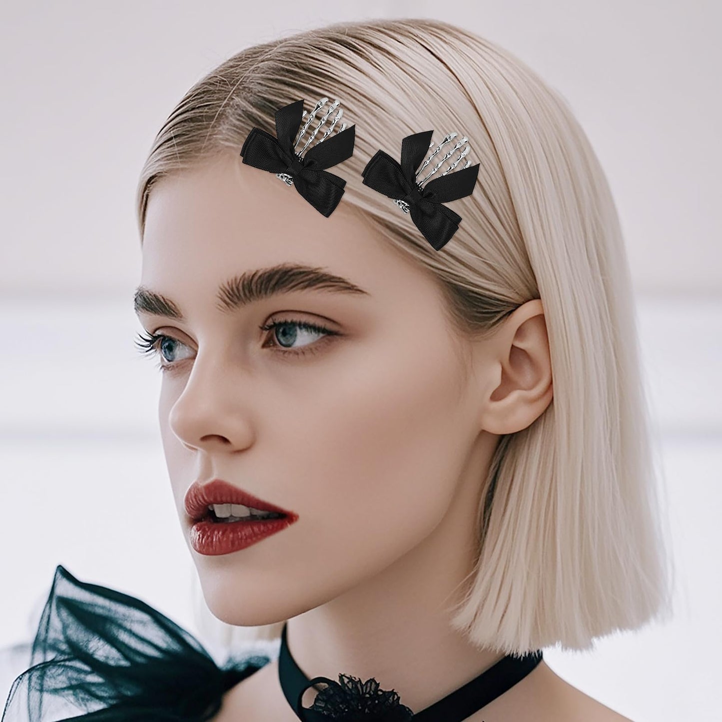 2 Pcs Black Skeleton Hand Hair Clips with Butterfly Design, Goth Halloween Accessories