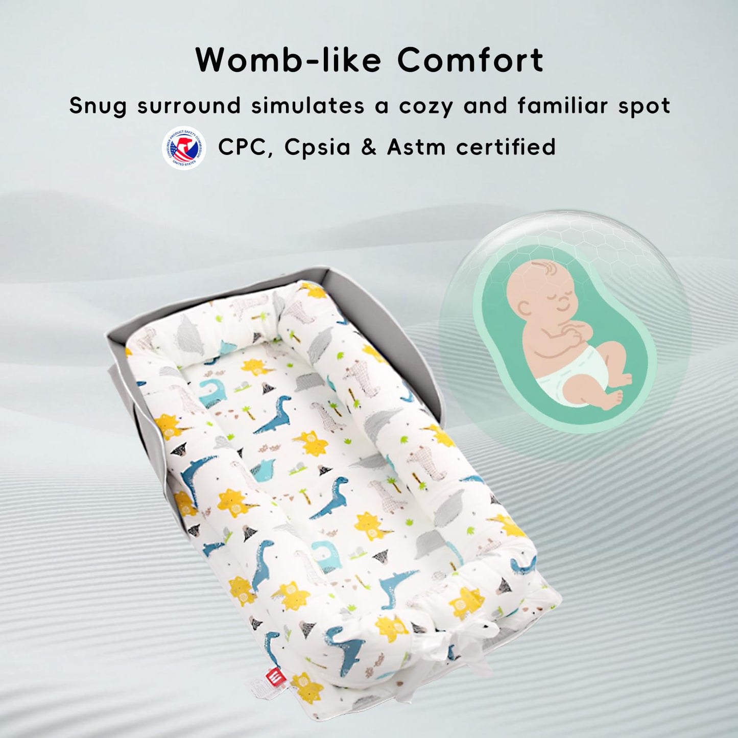 Portable Baby Lounger Nest, Adjustable Newborn Lounger 0-24 Months, Dinosaur Print Breathable Cotton