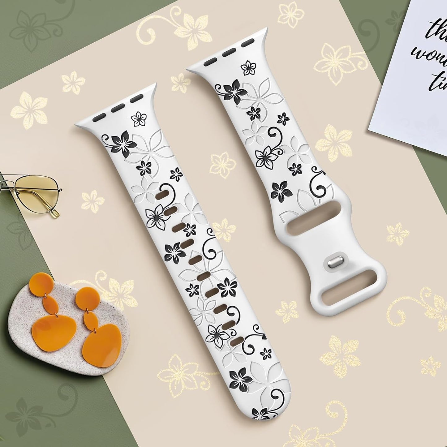 Two-Tone Floral Engraved Apple Watch Bands for Women - Secure & Stylish Straps