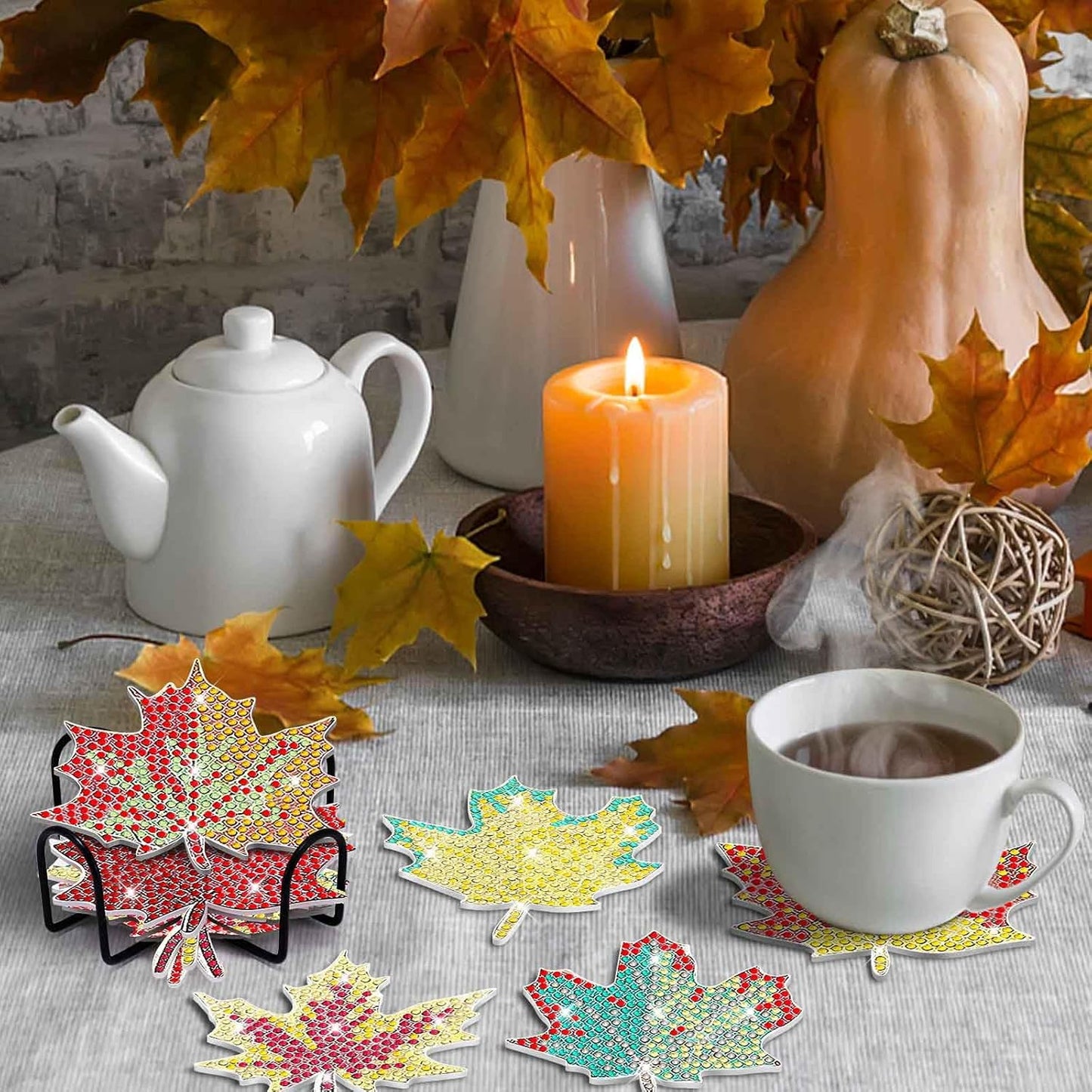 10pcs Maple Leaf DIY Diamond Painting Coaster Kit with Holder