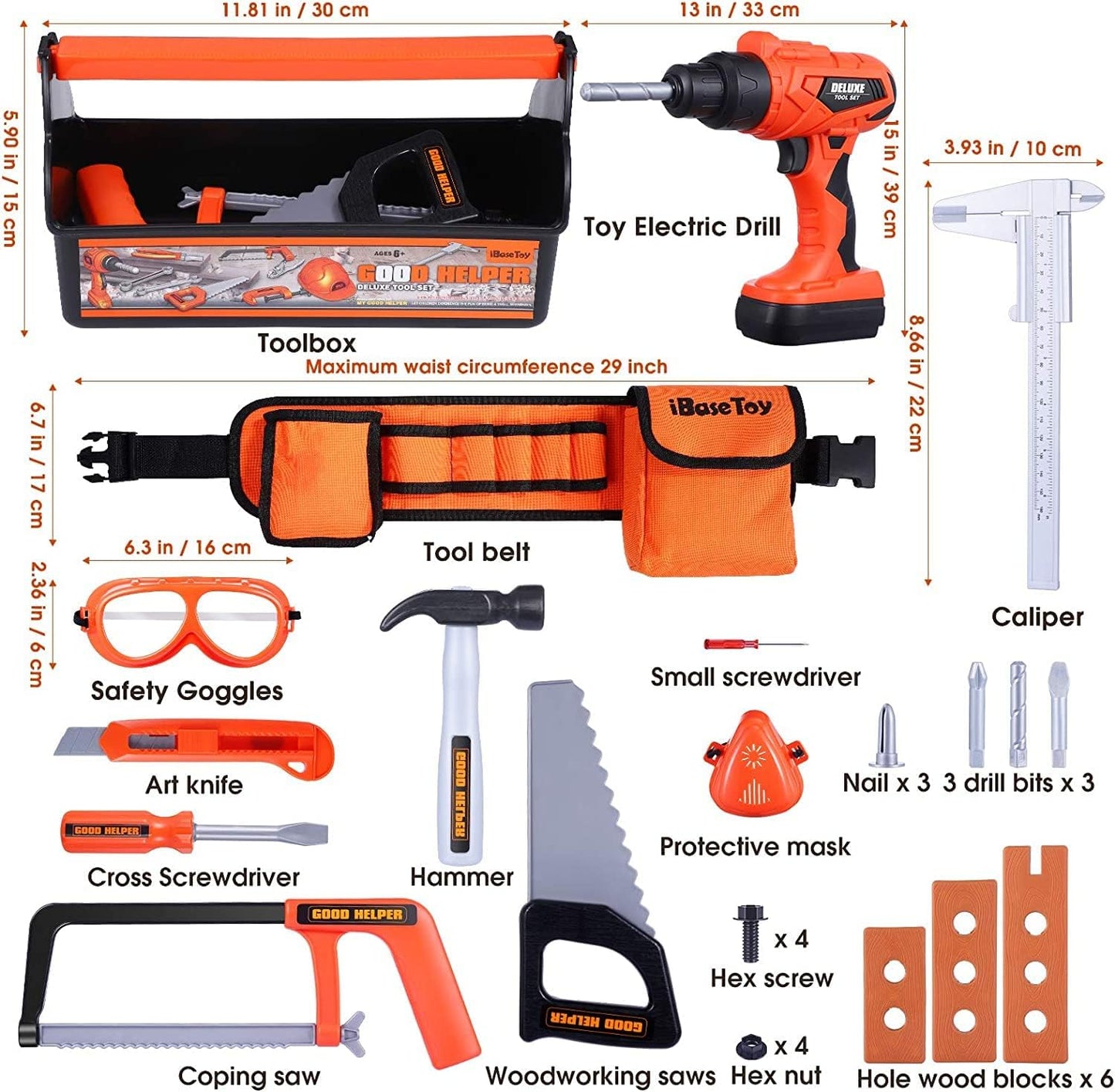 Kids 32-Piece Tool Set with Tool Box, Electronic Toy Drill & Tool Belt (19–28 in / 48–71 cm) – Pretend Construction Playset for Ages 3–7