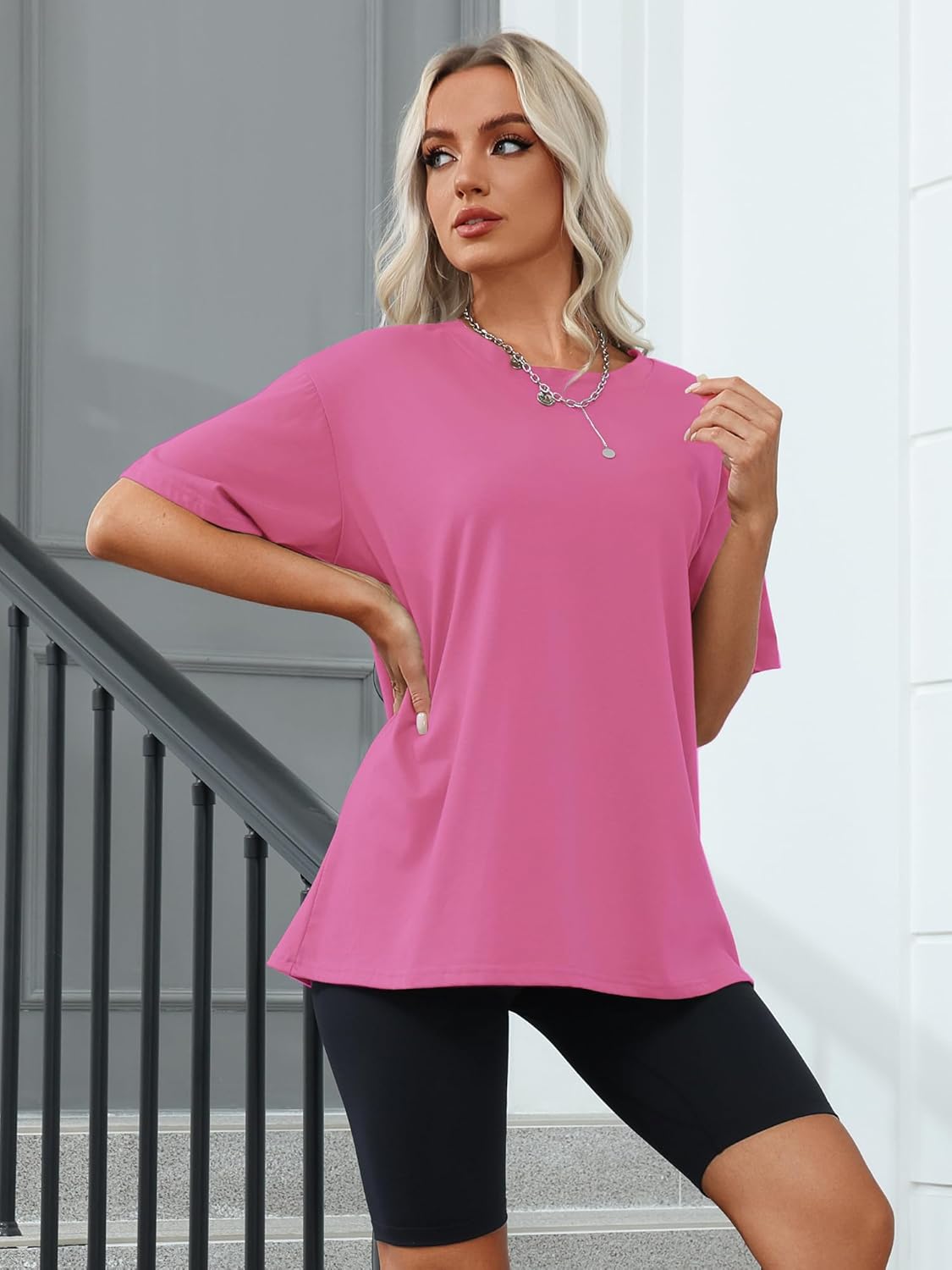 Pink Medium Women's Oversized T-shirt, Short Sleeve Loose Fit Casual Top, Summer Blouse