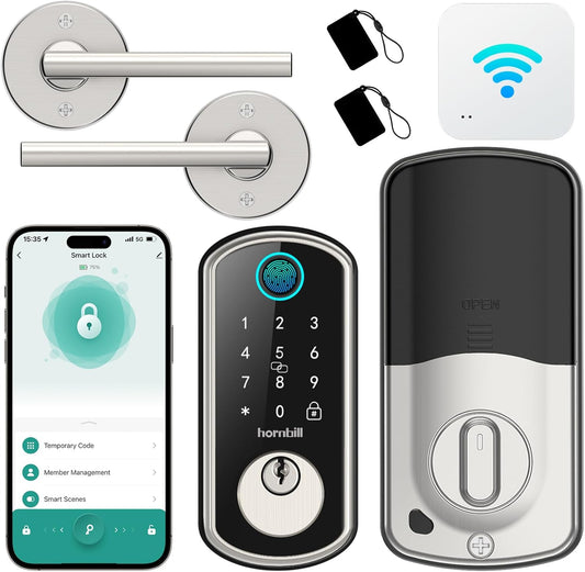 WiFi Smart Door Lock Set – Silver Keyless Entry with Fingerprint, Bluetooth, Alexa, Auto Lock, and Handle for Home & Hotel Security