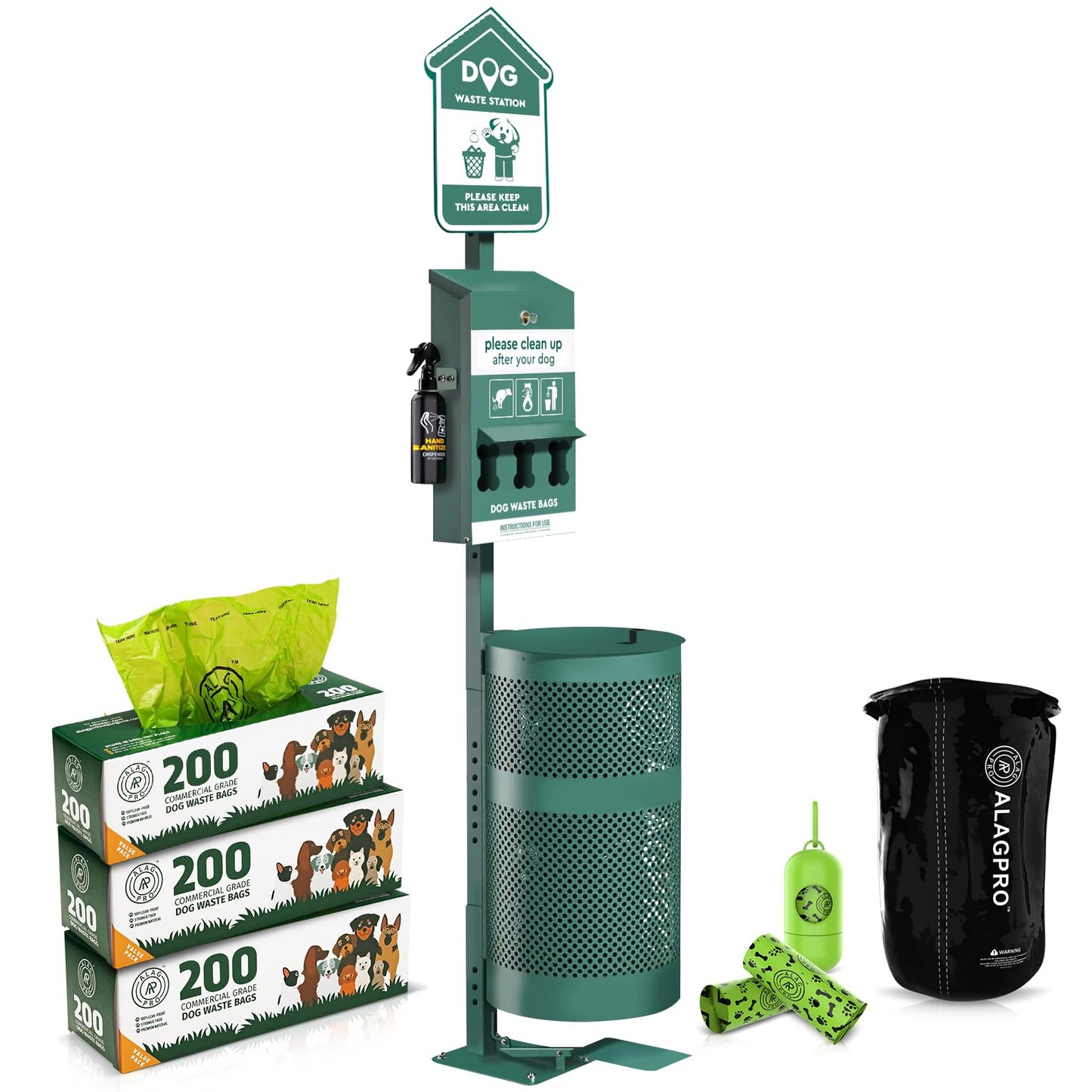 Outdoor Dog Waste Station with Hand Sanitizer, Bag Dispenser, Covered Bin, Sign, 600 Roll Bags, 50 Can Liners for Parks, Yards & HOAs