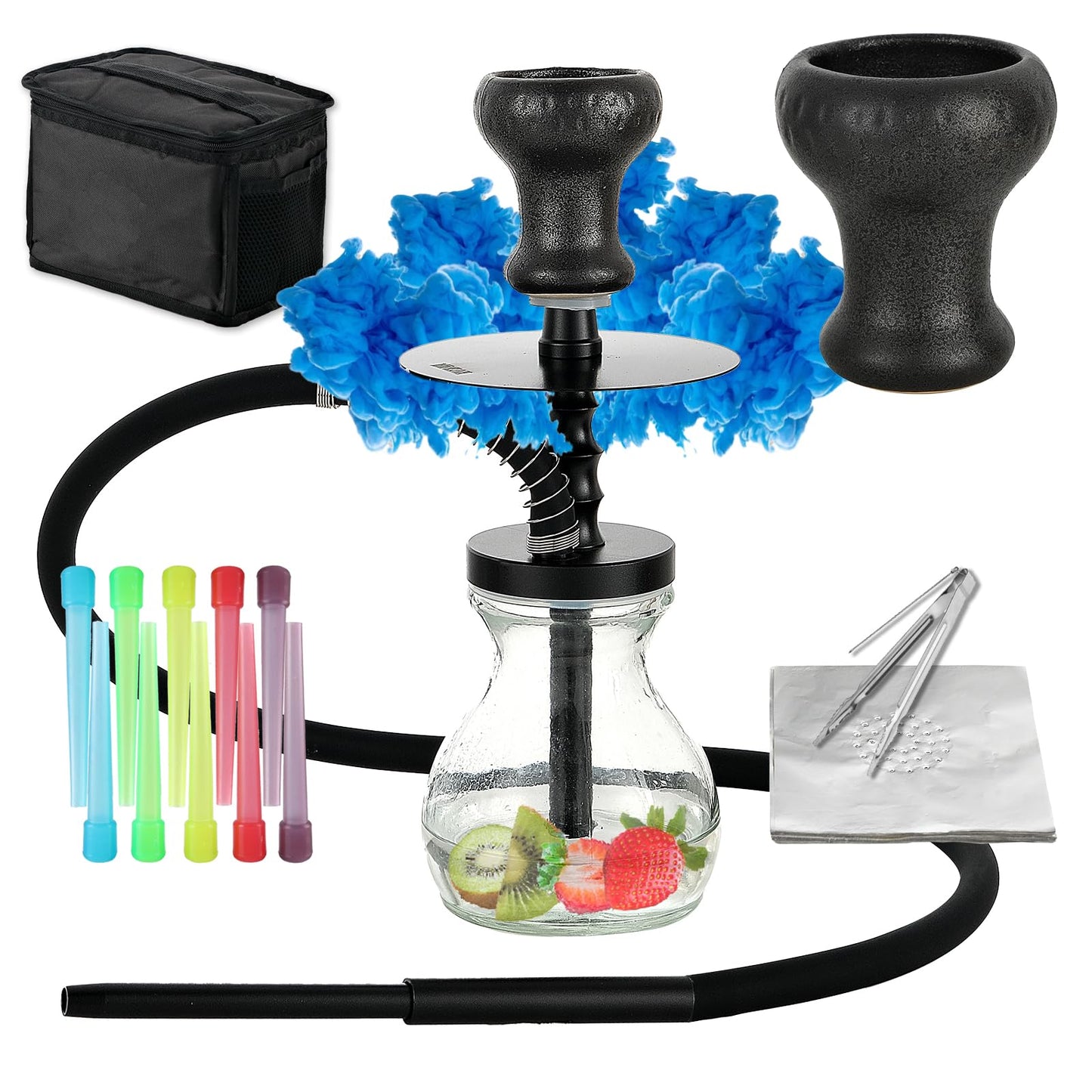 Portable Mini Hookah Set with Ceramic Bowl, Silicone Hose, Glass Vase, Travel Bag, Hookah Tips, Foil and Tongs, Black