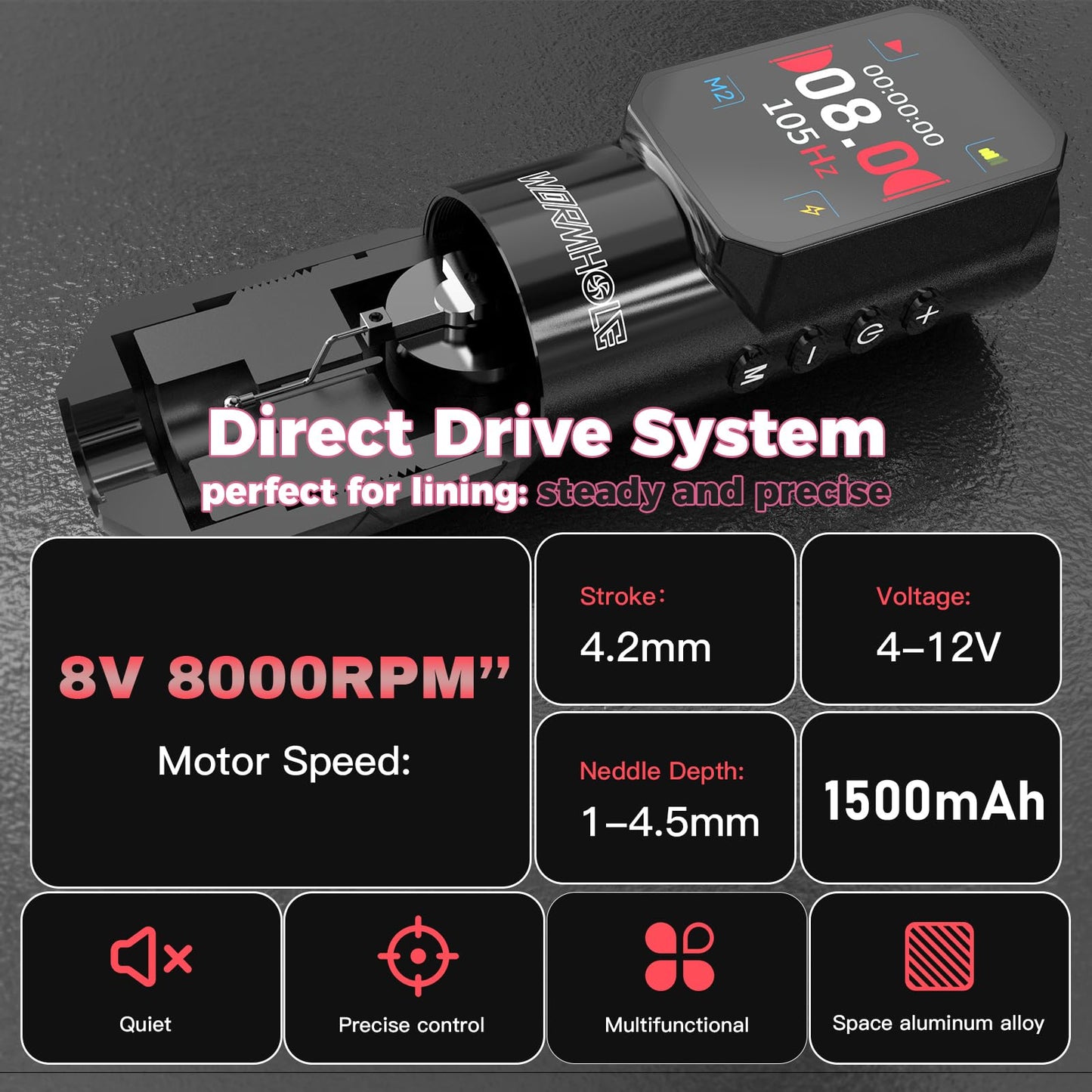 Wireless Tattoo Machine with 1500mAh Battery - Aluminum Alloy Smart Tattoo Pen with Dot Work Mode - Black