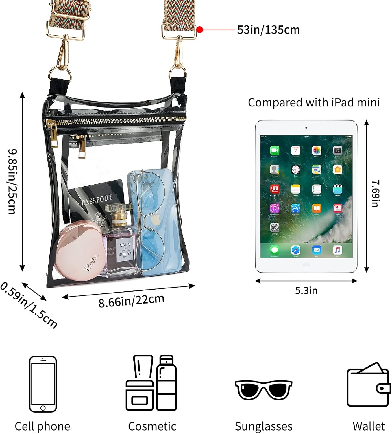 Stadium Approved Clear Crossbody Bag with Adjustable Colorful Strap for Concerts, Festivals, and Sports Events
