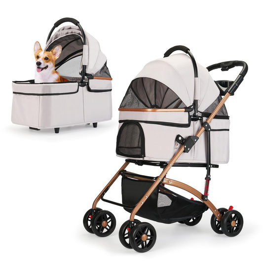 3-in-1 Foldable Pet Stroller for Medium Dogs and Cats up to 50 lbs - Detachable Carrier and Car Seat with Storage Basket - All-Terrain Jogging Stroller, Grey