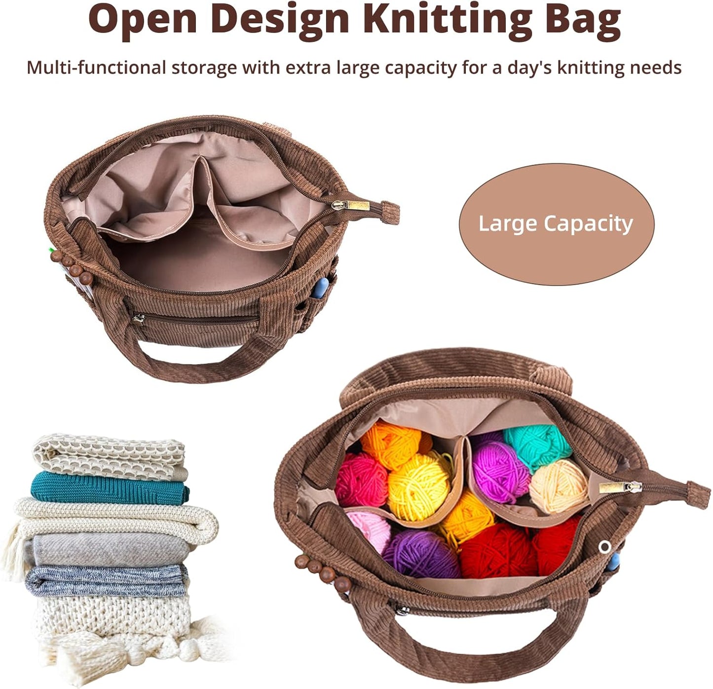 Corduroy Crochet Tote & Yarn Organizer, 4 Grommets, 8 Hook Slots, 4 Inner & 4 Outer Pockets, Zipper Top, 10.5" x 6.5" x 9.5", 1.32 gal/5 L, Vintage Metal Accents