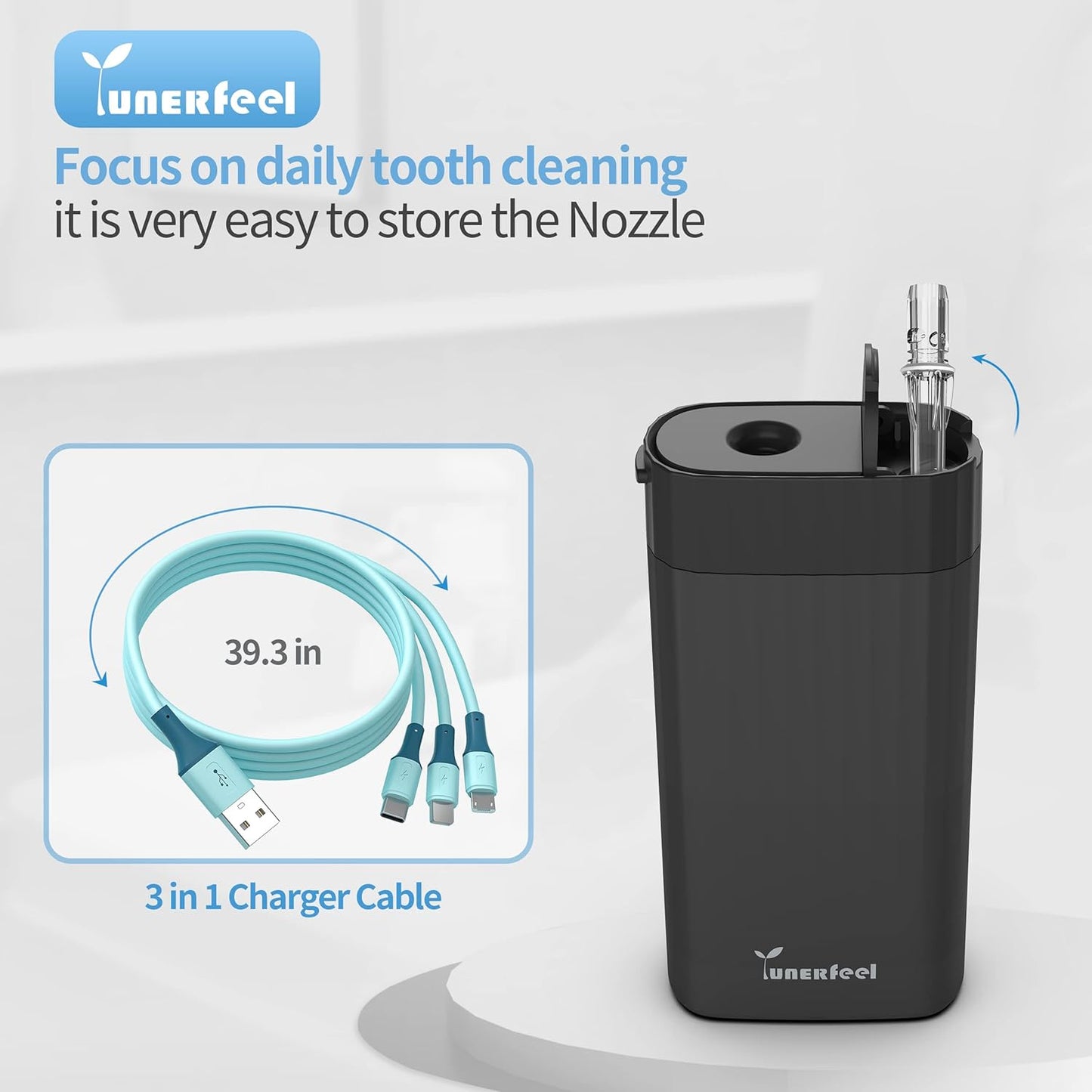 Black Portable Water Flosser with Retractable Tank – 3 Modes, 5 Tips, Long Battery Life