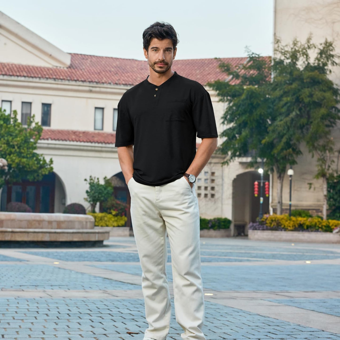 Men's 3XL Black Henley Short Sleeve Shirt Casual Lightweight Button Pocket T-Shirt Breathable Stretch Summer Basic Tee for Work Golf Vacation