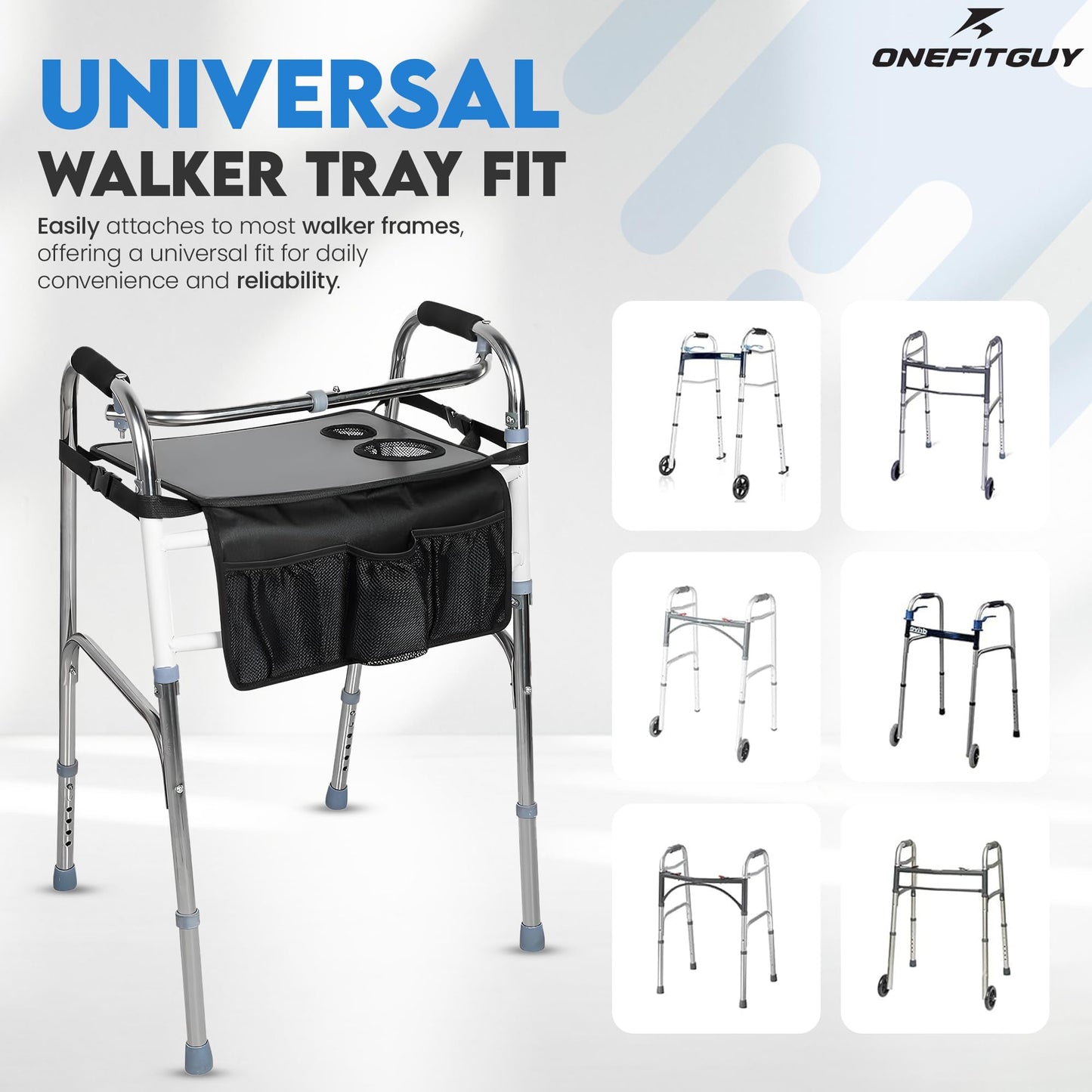 Walker Tray with Cup Holder and Storage Pouch for Folding Walkers - Black