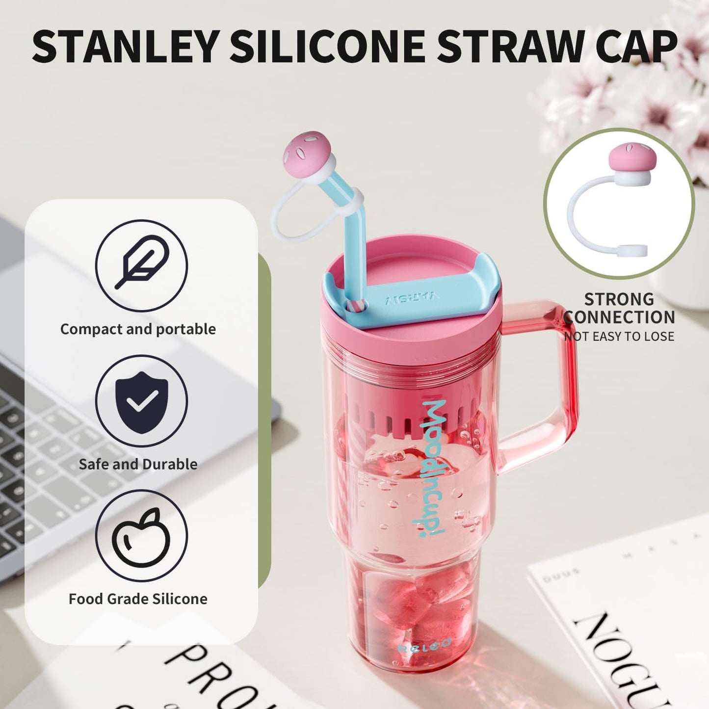4-Pack Silicone Mushroom Straw Toppers for Stanley Cups, Fits 30 & 40 oz Tumblers - Dust & Spill Proof