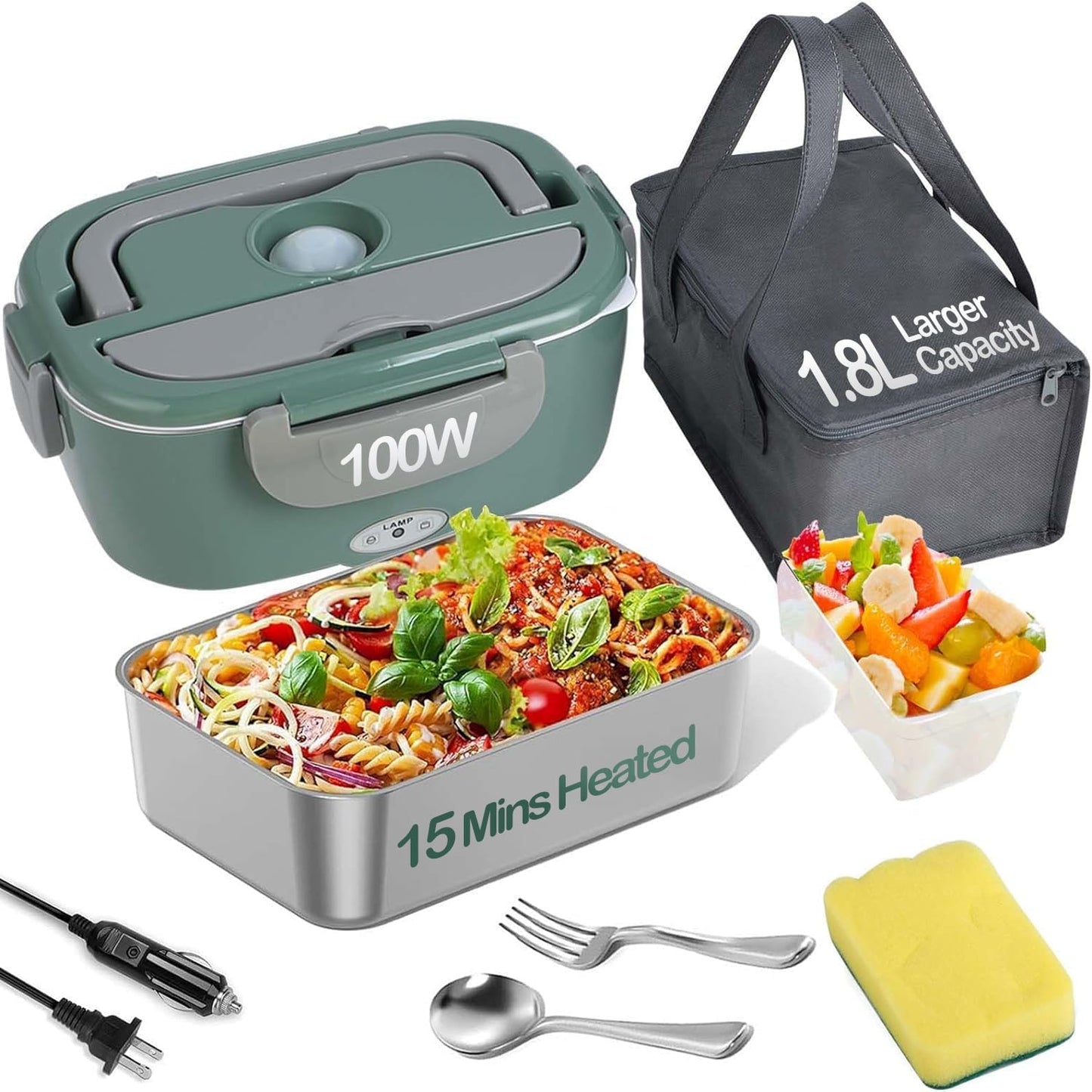 Heated Lunch Box with Fast 100W Heating, Portable for Cars, Trucks & Office - Green