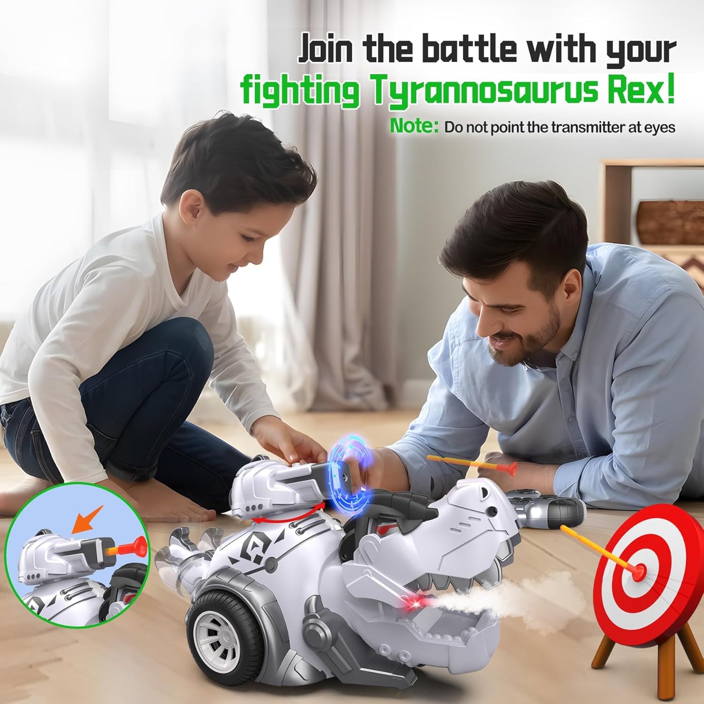 White Dinosaur Remote Control Car with Programmable Actions & Rechargeable Battery for Kids