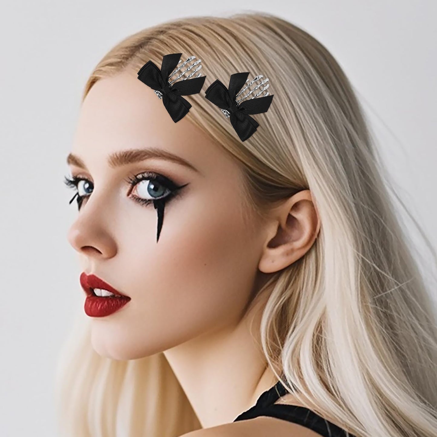 2 Pcs Black Skeleton Hand Hair Clips with Butterfly Design, Goth Halloween Accessories