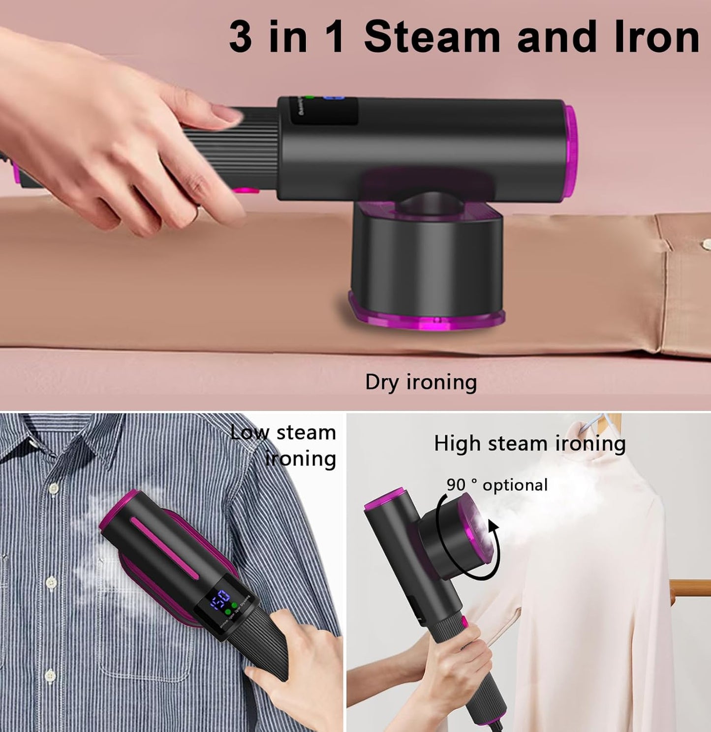 3-in-1 Clothes Steamer with Lint Roller and LCD Display for Home & Travel Use
