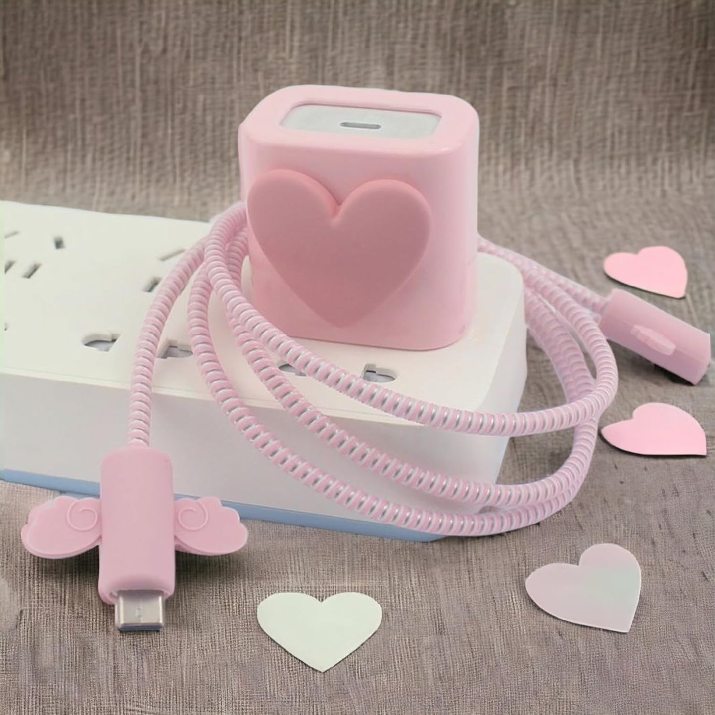 Pink Heart Silicone Charger Protector Set for iPhone – Style Meets Function