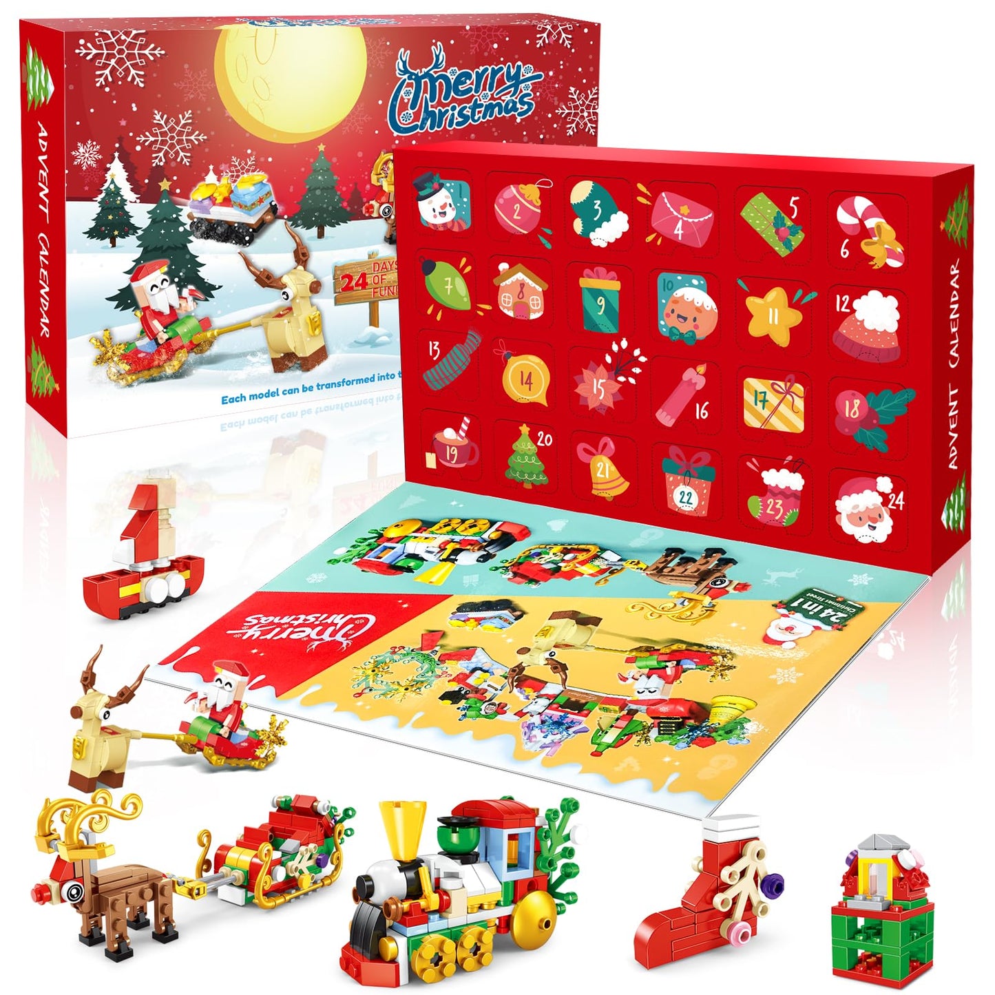 Building Block Advent Calendar for Kids, 24-Day Christmas Countdown with 24 Mini Builds, Combine into Larger Creations, Santa Train Elk Pieces, Ages 6+