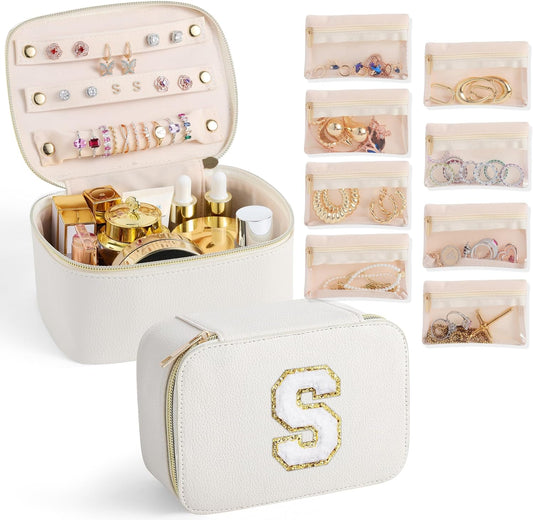 Ultimate Bridesmaid Gifts: White Travel Jewelry Case with Embroidered 'S' - Safe & Stylish Storage
