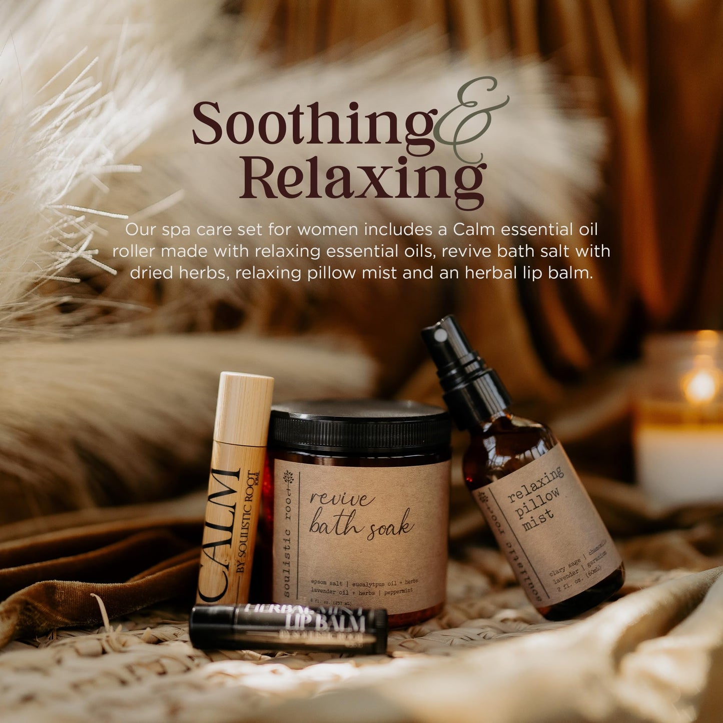 Spa Kit for Women Self Care Gift Set, Lavender Pillow Spray, Calm Essential Oil Roller 0.34 fl oz (10 ml), Mint Lip Balm & Epsom Salt Bath Soak