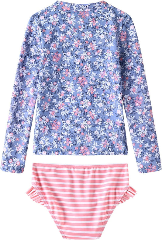 Toddler Girls 2-Piece Long Sleeve Rashguard Swimsuit Set, Light Purple & Pink Floral/Stripe - Size 3T