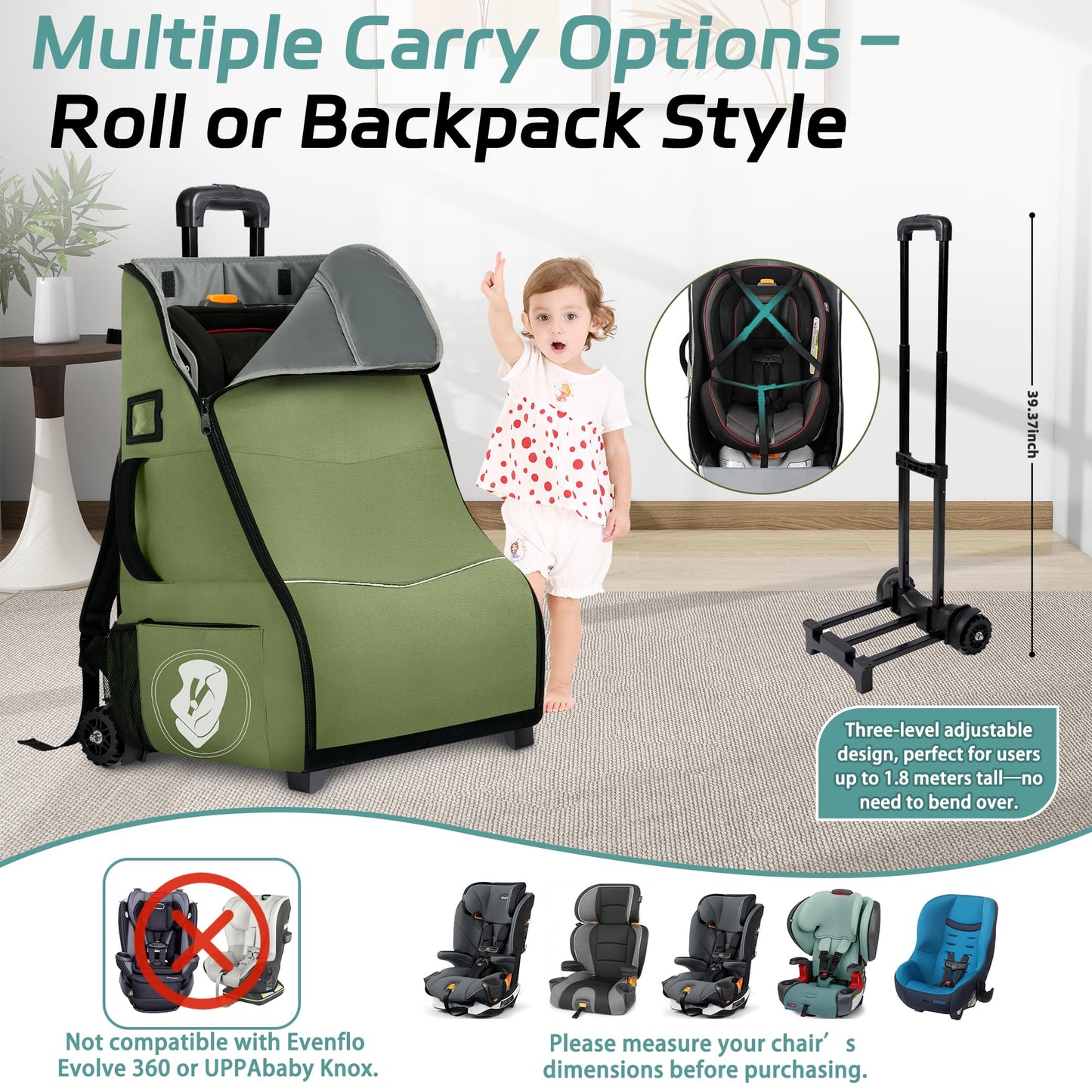 Rolling Car Seat Travel Bag with Wheels and Backpack Straps, Green – Fits Convertible and Booster Seats