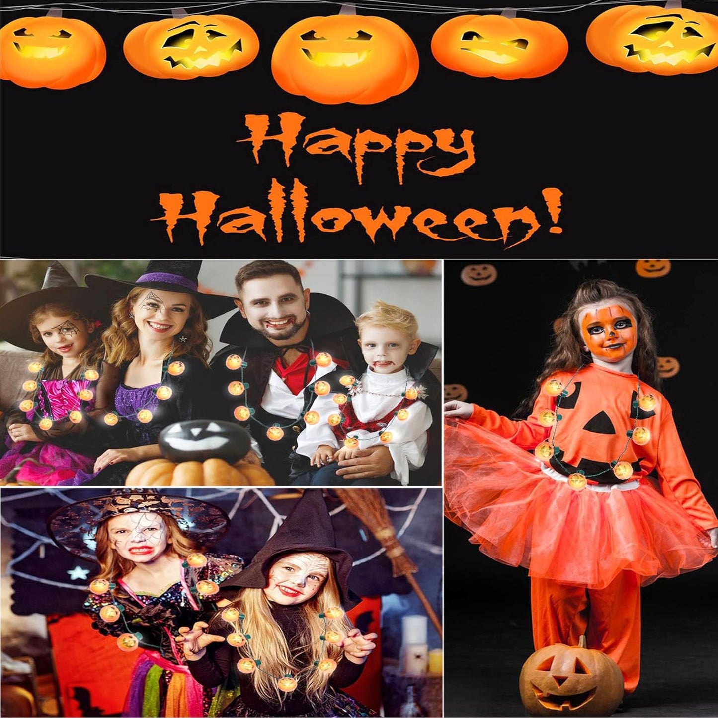 4pk Light Up Halloween Pumpkin Jack-O-Lantern Glow In The Dark Necklaces