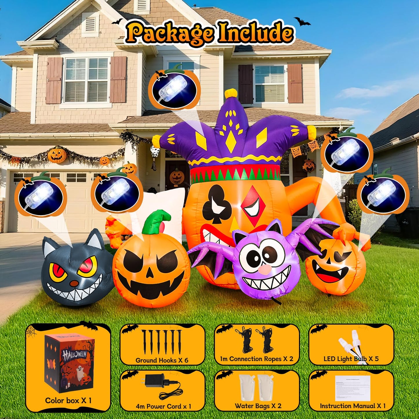 Halloween Inflatable Joker Pumpkin Owl and Black Cat with LEDs - 5.3 FT