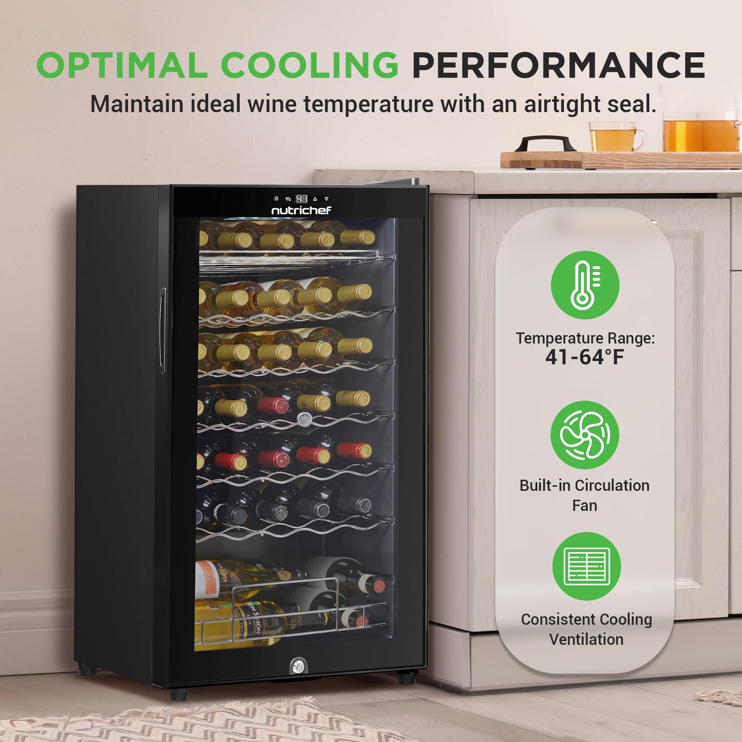 34-Bottle Wine Fridge Single Zone Wine Chiller for Red and White Wine - Black