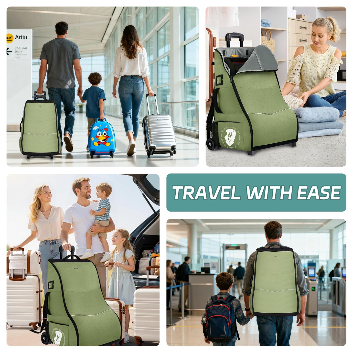 Rolling Car Seat Travel Bag with Wheels and Backpack Straps, Green – Fits Convertible and Booster Seats