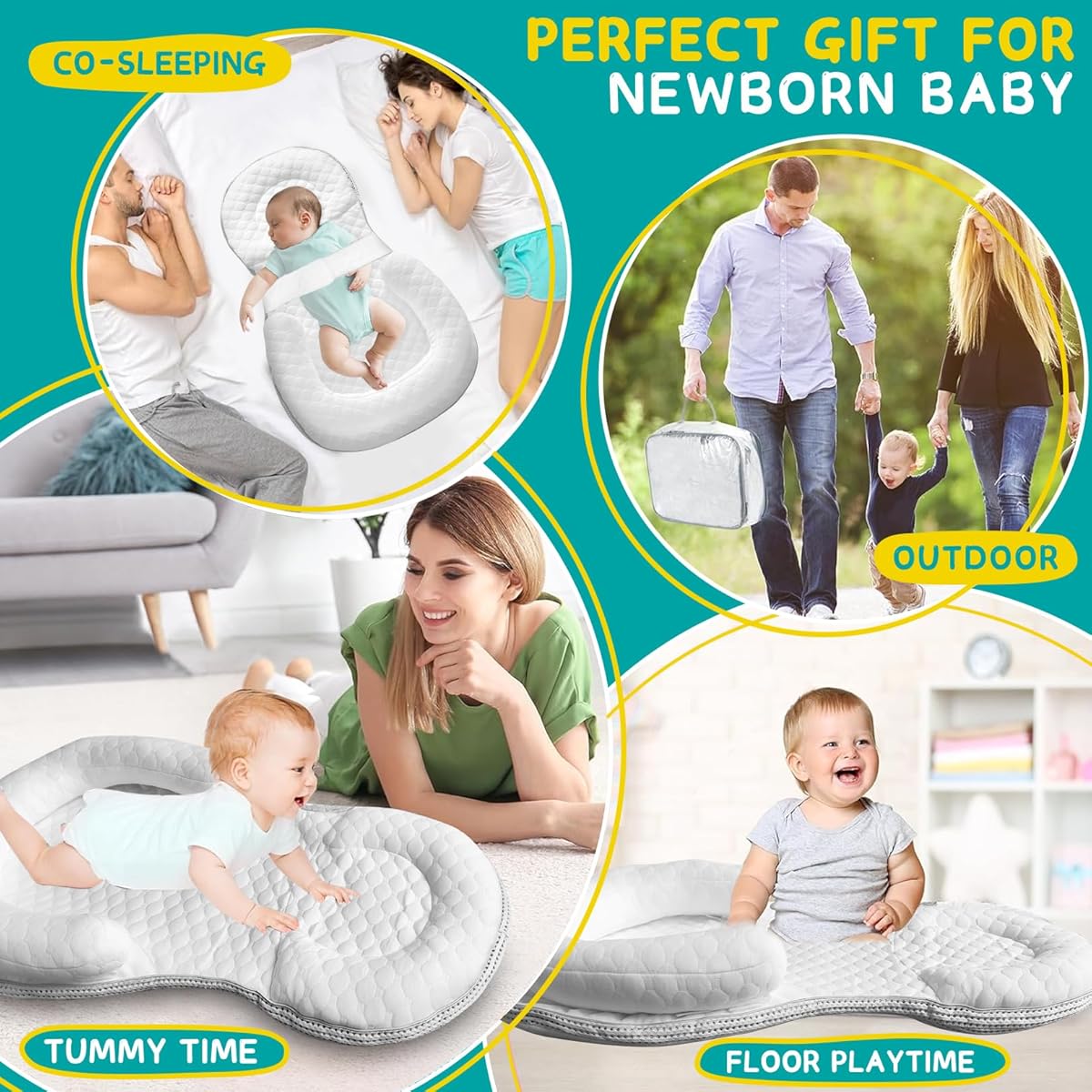 White Baby Lounger Nest with Gray Bottom for Newborns, Adjustable Soft Organic Cotton Infant Lounger, Breathable Portable Baby Bed for Home & Travel
