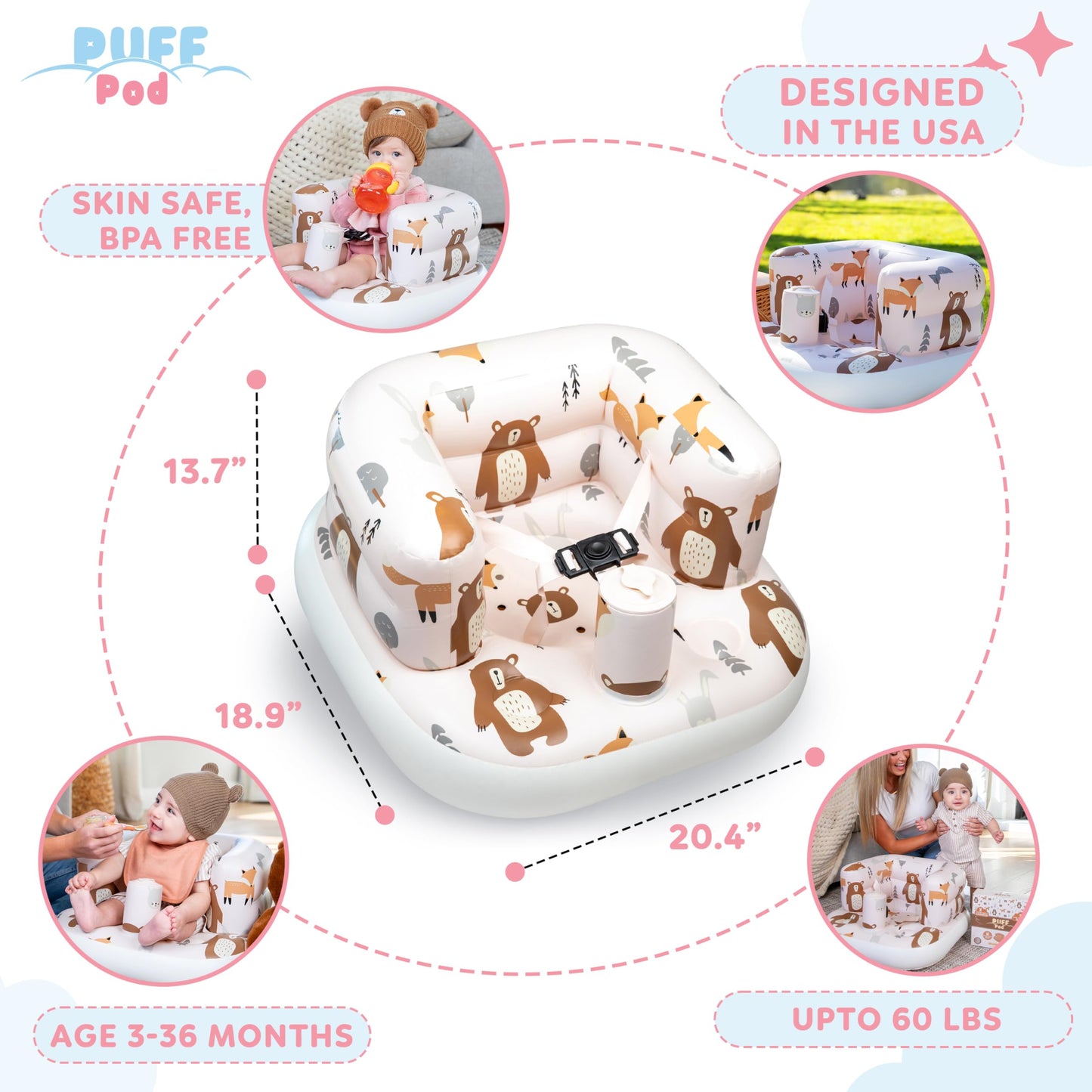 Inflatable Baby Chair with Safety Harness, Built-In Pump & Non-Slip Base, Infant Sit Up Seat for 3-36 Months, Portable Travel Seat, Easy to Clean