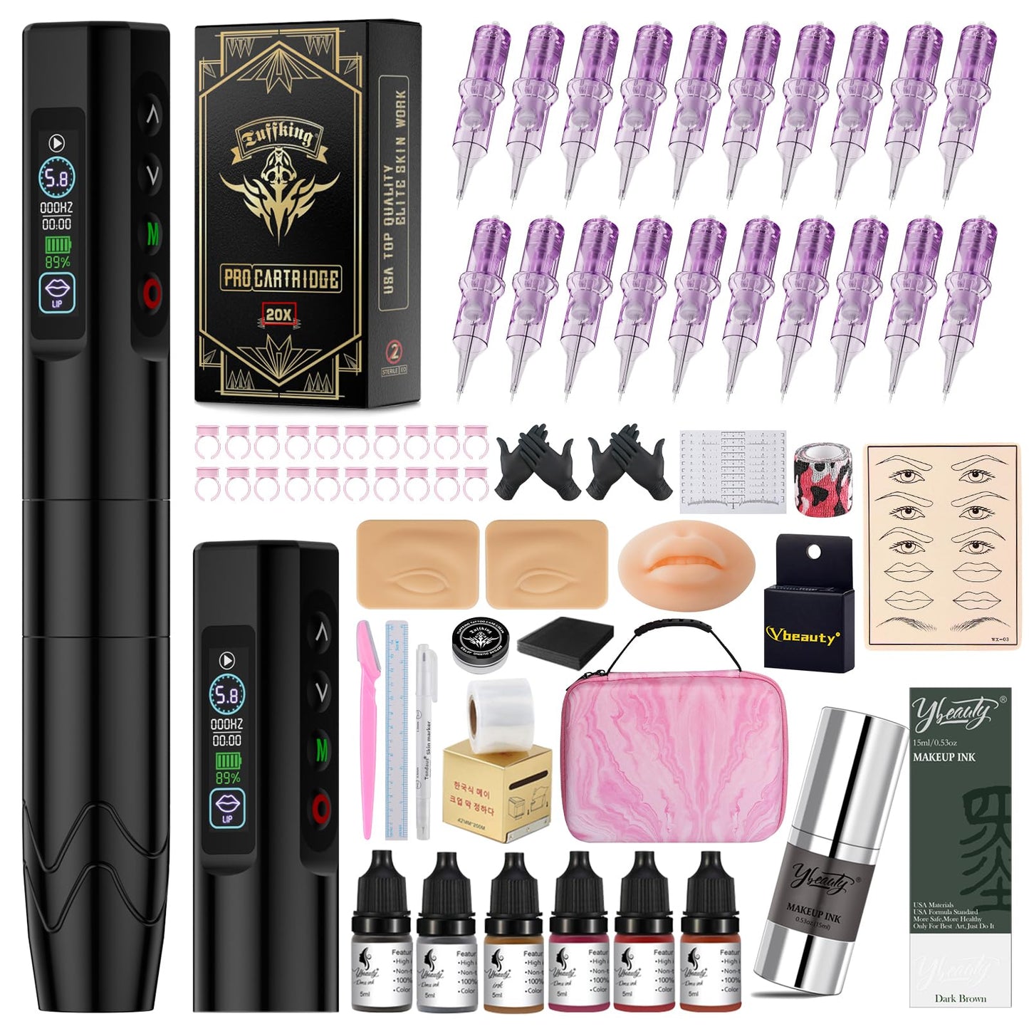 Wireless Microblading Tattoo Pen Kit with Digital LED Display, 2 x 500mAh Batteries, 20 Needles, Practice Skins, Eyebrow Inks, Beginner Supplies, Black