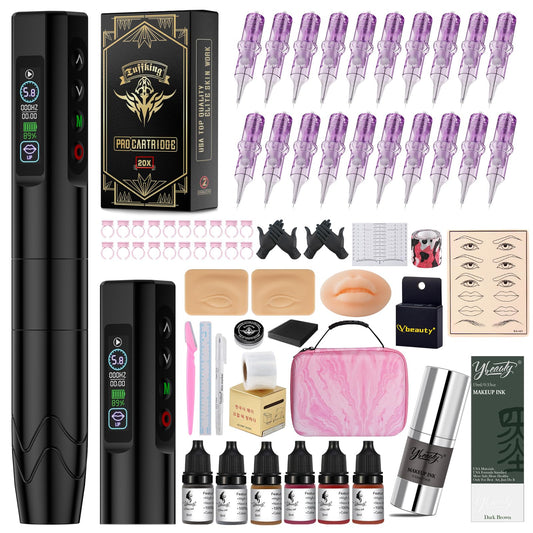 Wireless Microblading Tattoo Pen Kit with Digital LED Display, 2 x 500mAh Batteries, 20 Needles, Practice Skins, Eyebrow Inks, Beginner Supplies, Black