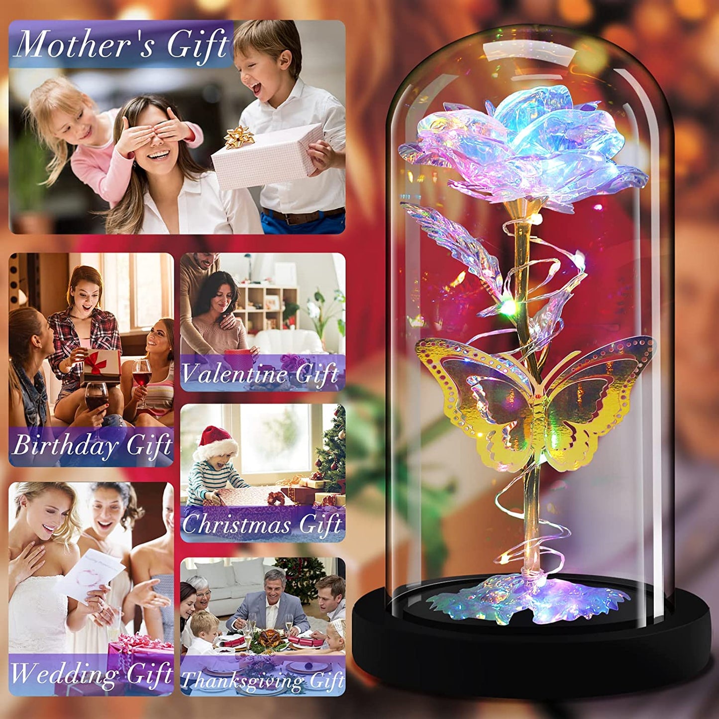7.9" Decorative Glass Covered Light-Up Eternal Glass Rose w/ Gold Foil Butterfly